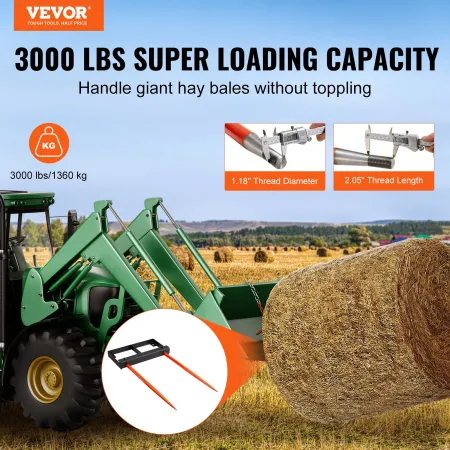 49" Hay Spear, Bale Spears 3000lbs Loading Capacity, Skid Steer Loader Tractor Bucket Attachment with 2pcs 17.5" Stabilizer Spea