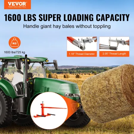 49" Hay Spear, Bale Spears 1600lbs Loading Capacity, Three-Point Hitch Tractor Attachment with 2pcs 17.5" Stabilizer Spears, Qui