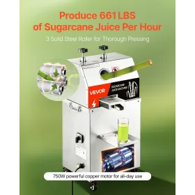 750W Electric Sugar Cane Juicer 661lbs/H Output 3 Roller 2,4 "Stor indløb
