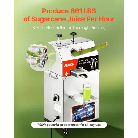 750W Electric Sugar Cane Juicer 661lbs/H Output 3 Roller 2,4