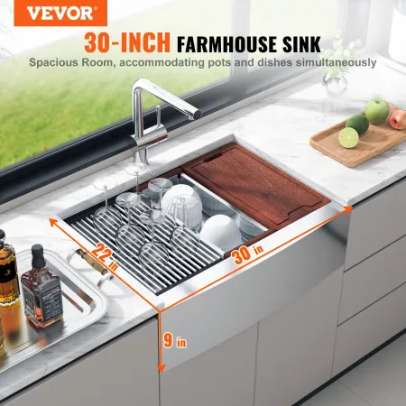 Farmhouse Kitchen Sink, 304 Stainless Steel Drop-In Sinks, Top Mount Single Bowl Basin with Ledge & Accessories, Household Dishw