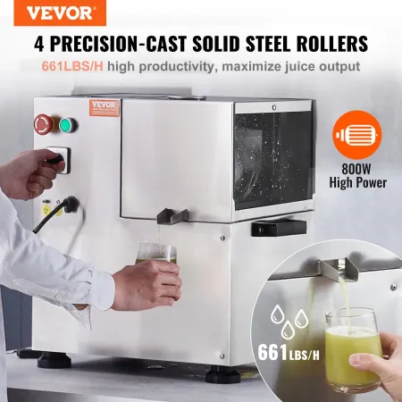 Electric Sugar Cane Juicer, 800W Sugarcane Juicer Machine with 661LBS/H High Output, 4 Stainless Steel Roller, Auto Roller Press