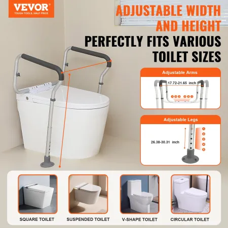Toilet Safety Rail, Bathroom Toilet Seat Frame, Adjustable Width & Height Fit Most Toilets, Supports 300lbs, Toilet Handles Grab
