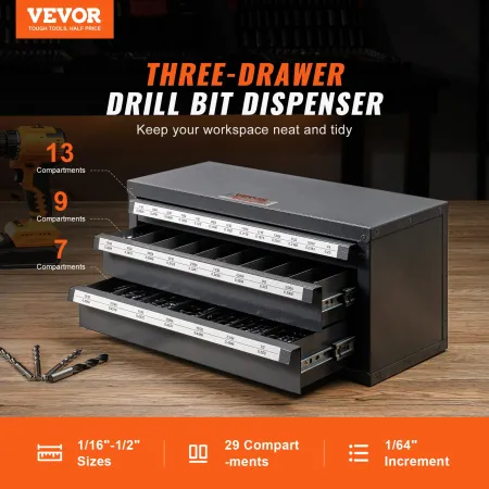 Drill Bit Dispenser Cabinet, Three-Drawer Drill Bit Organizer Cabinet for 1.59 mm to 12.7 mm, Steel Drill Dispenser Organizer Ca
