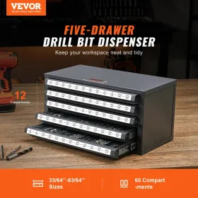Drill Bit Dispenser Cabinet, fem-skuffe Drill Bit Organizer Cabinet til 33/64 "til 63/64" Stålboredispenserarrangør