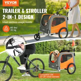 Dog Bike Trailer, Supports up to 66 lbs, 2-in-1 Pet Stroller Cart Bicycle Carrier, Easy Folding Cart Frame with Quick Release Wh