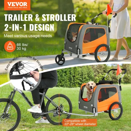 Dogcykeltrailer, understøtter op til 66 kg, 2-i-1 Pet