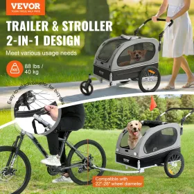 Dog Bike Trailer, Supports up to 88 lbs, 2-in-1 Pet Stroller Cart Bicycle Carrier, Easy Folding Cart Frame with Quick Release