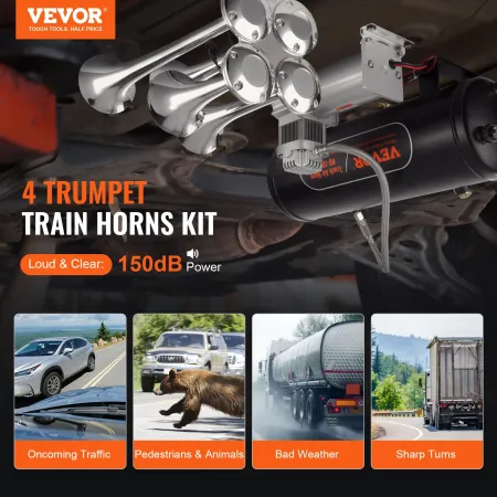 Train Horns Kit, 4 Trumpet Air Horn Kit, 150dB Train Horns for Pickup Trucks, 12V 160 psi Air Compressor 2.6 Gal/10 L Tank with 