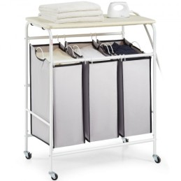 3-Section Laundry Sorter Cart with Ironing Board, Laundry Hamper with Heavy Duty Lockable Wheels and 3 Removable Bag, Rolling