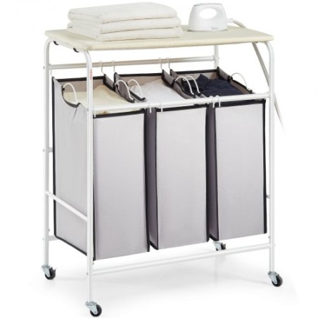 3-Section Laundry Sorter Cart with Ironing Board, Laundry Hamper with Heavy Duty Lockable Wheels and 3 Removable Bag, Rolling