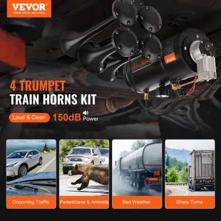 Train Horns Kit 4 Trumpet Air Horn Kit 120 psi Air Compressor 3.03 L Tank