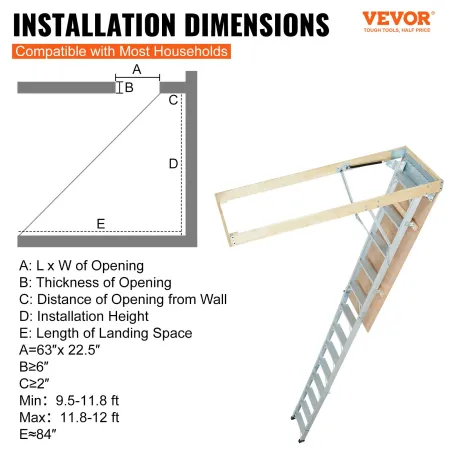 Attic Ladder Foldable, 158.8 kg Capacity, 57.15 cm x 160 cm, Multi-Purpose Aluminium Extension, Lightweight and Portable, Fits 2