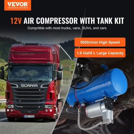 12V Air Compressor with Tank 1.6 Gallon/6 L, Train Horn Air Compressor, 120 psi Working Pressure Onboard Air Compressor System f