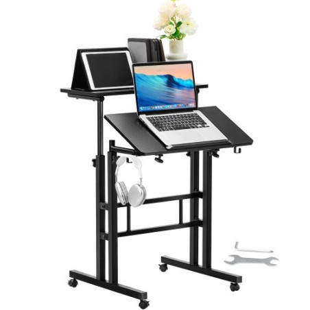 Mobile Standing Desk, 26.4"-44.9" Gas-Spring Height Adjustable Sit-Stand Desk, 360Â° Swivel Wheels (4 Lockable) Home Office
