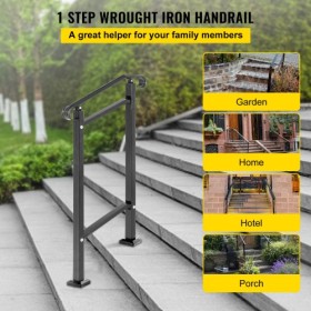 Wrought Iron Handrail, Fit 1 or 2 Steps Outdoor Stair Railing, Adjustable Front Porch Hand Rail, Black Transitional Hand