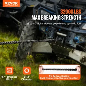 Syntetisk vinsjov, 1/2 tommer x 92 fod 32.000 lbs Syntetisk vinsjelinjekablet med beskyttende ærme + smedt vinsjekrog