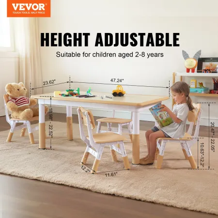 Kids Table and 4 Chairs Set, Height Adjustable Toddler Table and Chair Set, Graffiti Desktop, Children Multi-Activity Table for 