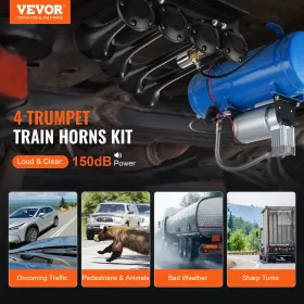 Train Horns Kit, 4 Trumpet Air Horn Kit, 150dB Train Horns for Pickup Trucks, 12V 120 psi Air Compressor 1.6 Gal/6 L Tank with