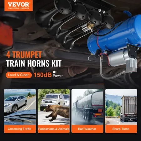 Train Horns Kit, 4 Trumpet Air Horn Kit, 150dB Train Horns for Pickup Trucks, 12V 120 psi Air Compressor 1.6 Gal/6 L Tank with G