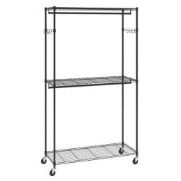 Heavy Duty Clothes Rack, Rolling Clothing Garment Rack with 3 Storage Tiers, 2 Rods and 2 Pairs Side Hooks, Adjustable Height