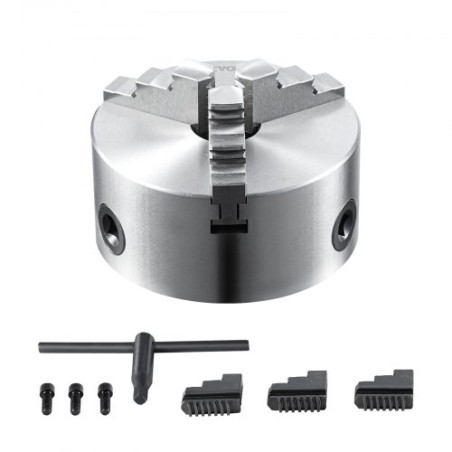 3-Jaw Lathe Chuck, 5'', Self-Centering Lathe Chuck, 0.1-5 in/2.5 -125 mm Clamping Range with T-key Fixing Screws Reversible