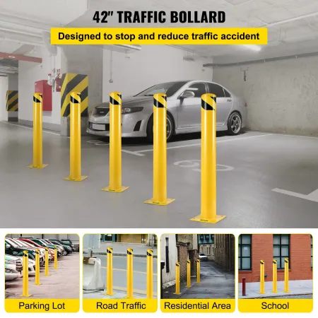 42"x5.5" Safety Bollard, 5-1/2" OD 42" Height Safety Barrier Bollard, Yellow Powder Coat Pipe Steel Safety Barrier, with 4 Free 