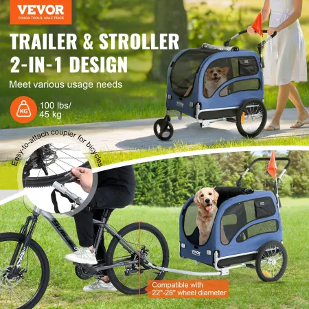 Dog Bike Trailer, Supports up to 100 lbs, 2-in-1 Pet Stroller Cart Bicycle Carrier, Easy Folding Cart Frame with Quick Release W