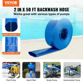 Backwash Hose, 2 in x 50 ft, Heavy-Duty PVC Flat Pool Discharge Hose with Aluminum Camlock C & E Fittings, Clamps, Compatible