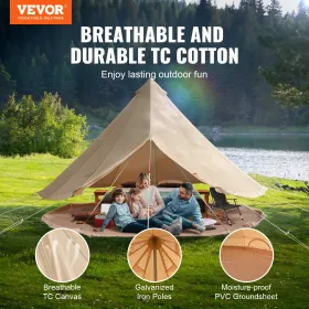 Canvas Bell Tent, 4 Seasons 4 m/13.12 ft Yurt Tent, Canvas Tent for Camping with Stove Jack, Breathable Tent Holds up to 6