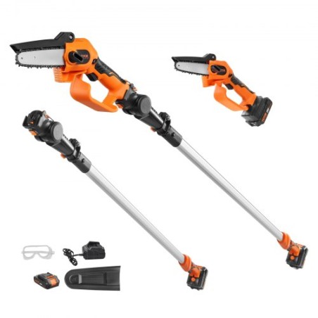 2-i-1 trådløs stangsav & mini-motorsav, 20V 2AH Battery Pole Chainsaw, 5 "Skærekapacitet 8 ft rækkevidde Stangsav for gren