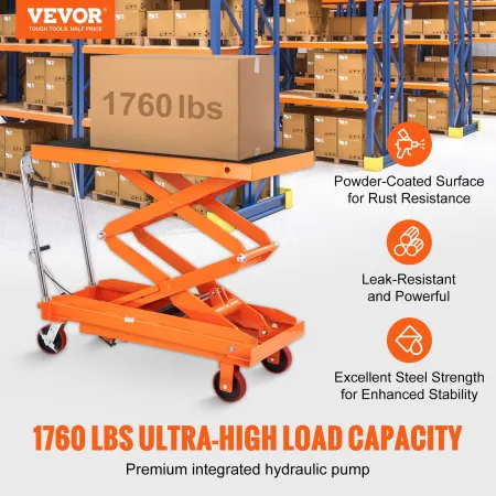 Hydraulic Lift Table Cart, 789.3 kg Capacity 149.9 cm Lifting Height, Manual Double Scissor Lift Table with 4 Wheels and Non-sli