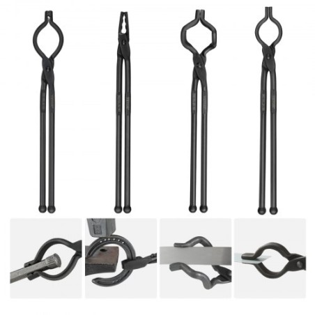 Blacksmith Tongs, 18â€ 4 PCS, V-Bit Bolt Tongs, Wolf Jaw Tongs, Z V-Bit Tongs and Gripping Tongs, Carbon Steel Forge Tongs with