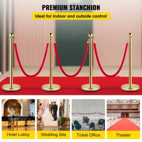 Set of 2 Gold Round Top Queue Control Barrier Posts Stands Security Stanchion Rope Divider Stainless Steel with 1.5M Red 3