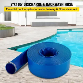 Discharge Hose, 2" x 105', PVC Fabric Lay Flat Hose, Heavy Duty Backwash Drain Hose with Clamps, Weather-proof & Burst-proof,