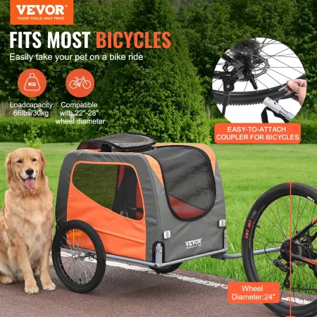 Dog Bike Trailer, Supports up to 66 lbs, Pet Cart Bicycle Carrier, Easy Folding Frame with Quick Release Wheels, Universal Bicyc