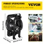 Air-Operated Double Diaphragm Pump 1 inch Inlet Outlet Aluminum 35 GPM Max 120PSI, Nitrile Diaphragm, QBY4-25L-1inch-35
