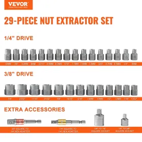 Bolt Extractor Set, 29-delt bolt og nødfjerner sæt, 6 mm til 10 mm, 13/32 "til 3/4", CR-Mo Steel Extract Socket Set med