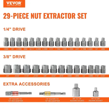 Bolt Extractor Set, 29-delt bolt og nødfjerner sæt, 6 mm til 10