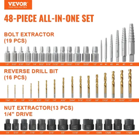 48-Piece Bolt Extractor Screw Extractor Set, with 13 PCS Bolt Extractor Set, 19 PCS Screw Extractors, 16 PCS Reverse HSS Drill B
