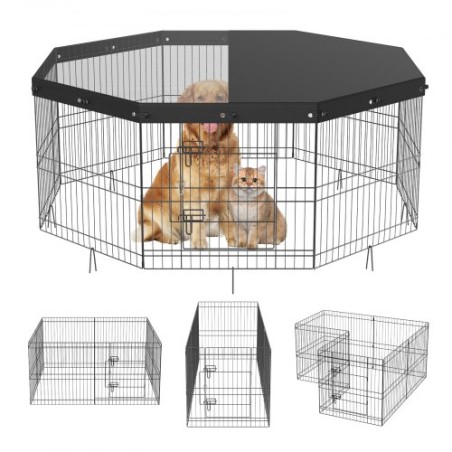 Dog Playpen, 8 Panels Foldable Metal Dog Exercise Pen with Top Cover, 24" H Pet Fence Puppy Crate Kennel with Ground Stakes,