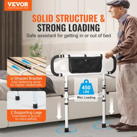 Bed Rails for Elderly Adults, 180° Foldable Bed Assist Rails for Seniors, 204.12 kg Loading Bed Side Rails Bed Cane with 4-Level