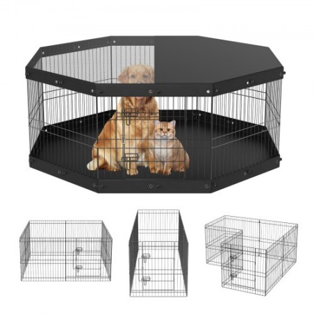 Dog Playpen, 8 paneler sammenfoldelig metalhundøvelsespen med topdæksel og bundpude, 24 "H Pet Fence Puppy Crate Kennel, Indoor