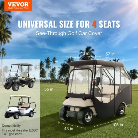 Golf Cart Enclosure, 600D Polyester Driving Enclosure with 4-Sided Transparent Windows, 4 Passenger Club Car Covers for 2+2 Pass