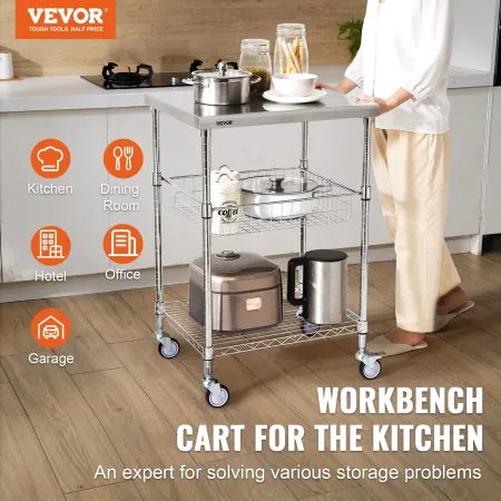 Kitchen Utility Cart, 3 Tiers, Wire Rolling Cart with 470LBS Capacity, Steel Service Cart on Wheels, Metal Storage Trolley with 