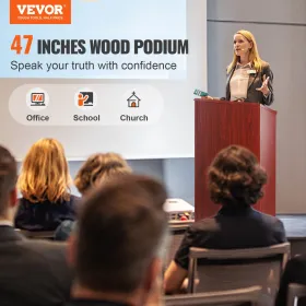 Podium Stand, 47 in Hostess Stand with 4 Rolling Wheels, Wood Podium with Storage Shelves, and Slant Desktop, Lecterns &