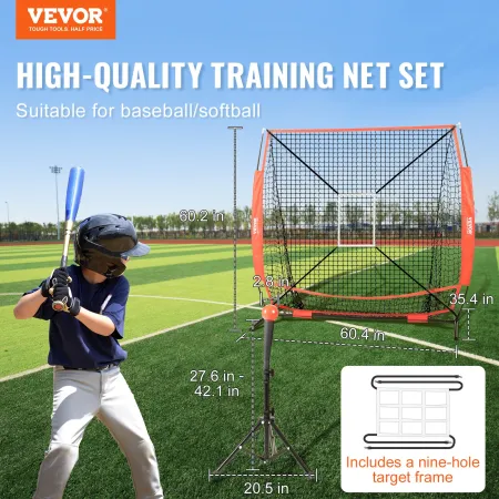5x5 ft Baseball Softball Practice Net, Portable Baseball Training Net for Hitting Batting Catching Pitching, Backstop Baseball E