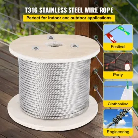 316 Stainless Steel Cable, 500FT Stainless Steel Wire Rope of 5/32 Inch Diameter and 1x19 Construction, 3300 LBS Breaking
