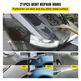 Rods Dent Removal Kit, 21 pcs Paintless Dent Repair Rods, Rustfrit Steel Dent Rods, Whale Tail Dent Repair Tools, Professional