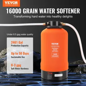 RV Water Softener, 16,000 Grain Portable Water Softener, with 3/4" Brass Fittings and 42" Hose, Soften Hard Water Filter System